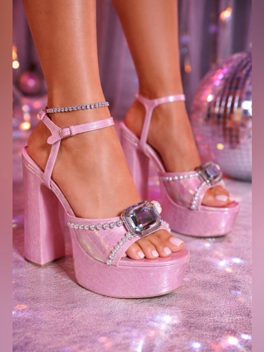 NIB Sugar Thrillz Pink Platform Heels Iridescent Gem 6” Sz 10